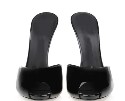 New Arrivals Women Solid Black Patent Leather Peep Toe Sandals Fashion Slip On Sky High Thin Heel Dress Shoes High Quality