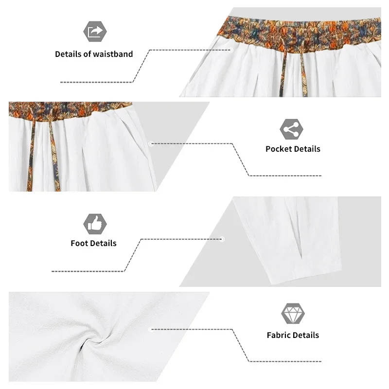 Herren 95% Leinen Haremshose Boho Blumenmuster Kordelzug Taille Lässige Weite Hose Strand Urlaub Knöchellange Hose – Detail 12