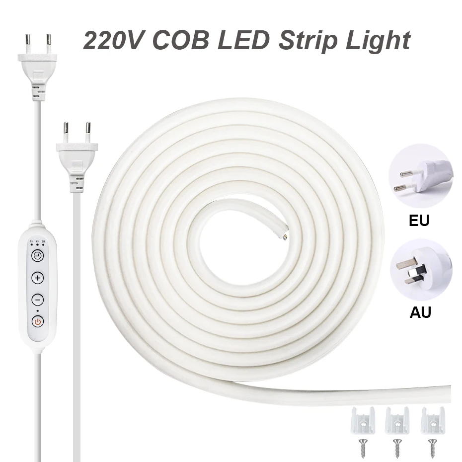 

220V Led Strip COB Neon Light AU EU Dimmer Switch/No Switch Plug Waterproof Cob Led Strip 288LEDs/m 1-25m Home Outdoor Lighting
