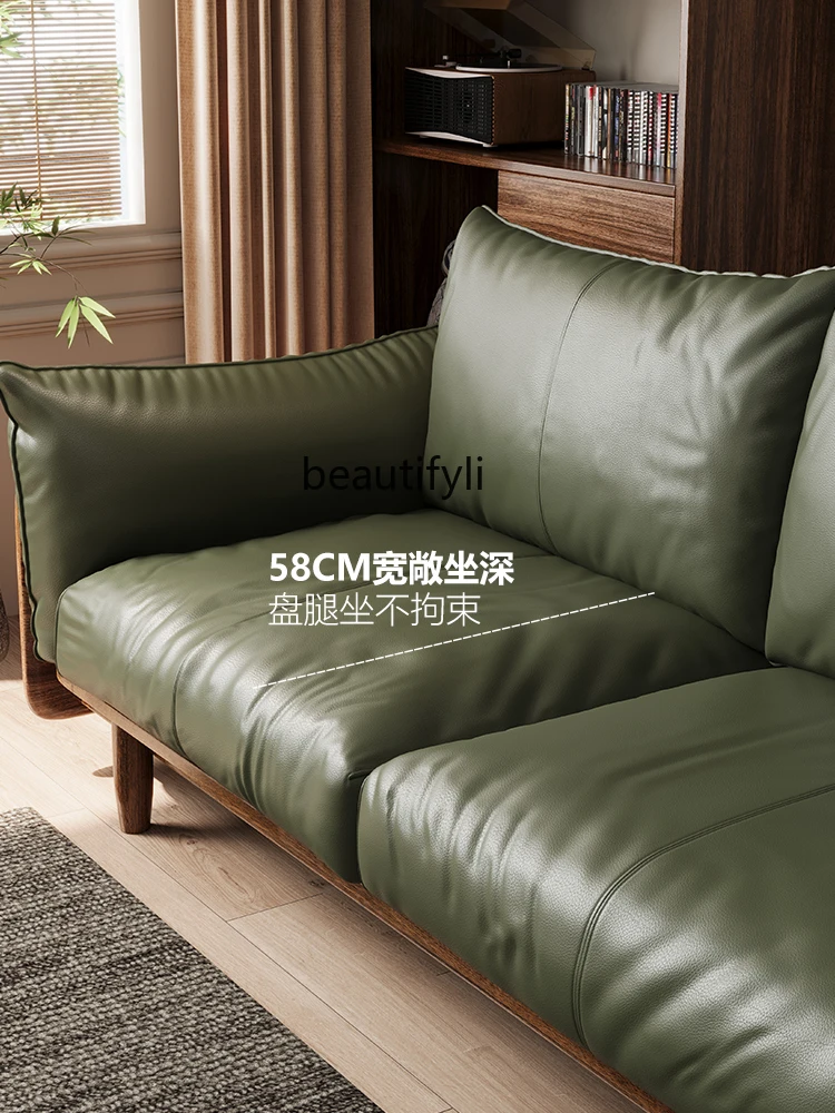 New Chinese style ebony wood leather sofa first layer cowhide modern three-person straight row all solid wood sofa