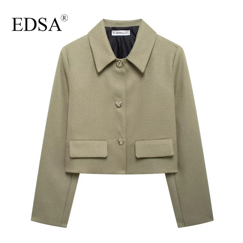 EDSA Women Blazer Cropped Tweed Jacket with Flap Pockets for Office Lady Single Breasted Turn-down Collar Suit Coat