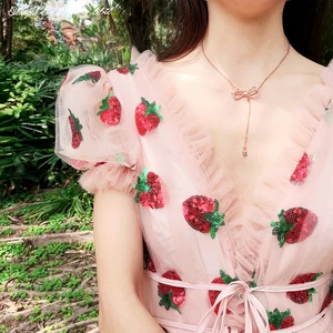 New in seal of strawberry mesh plusted maxi french style dress Deep V Puff Steeve sweet prince women's dress fashion night 10 Main Sales Strawberry Dress - №4
