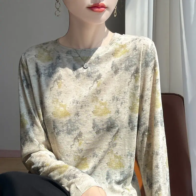 Fashionable Round Neck Long Sleeve Ink Painting Knitted Pullover 2025 Autumn Versatile Bottoming Shirt Loose Top