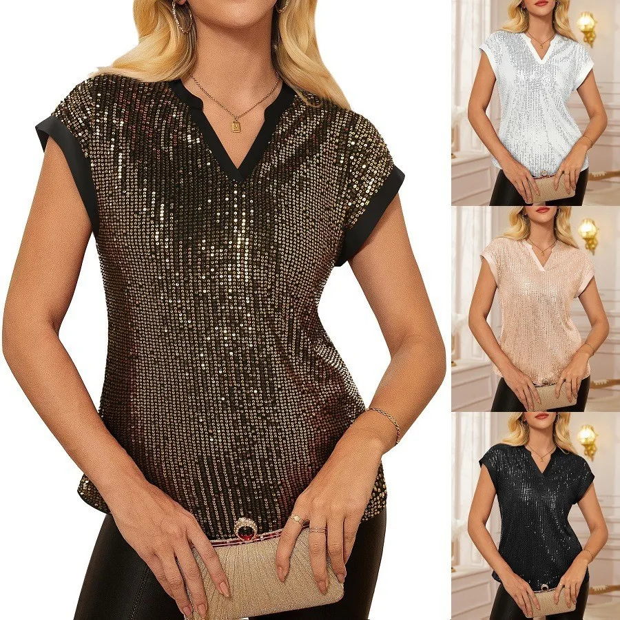 Wein Fashion Sequin V-neck Short-sleeved Party Top Shirt for Women Summer Lady Female BlackGold Sliver Black  Tweed Jacket