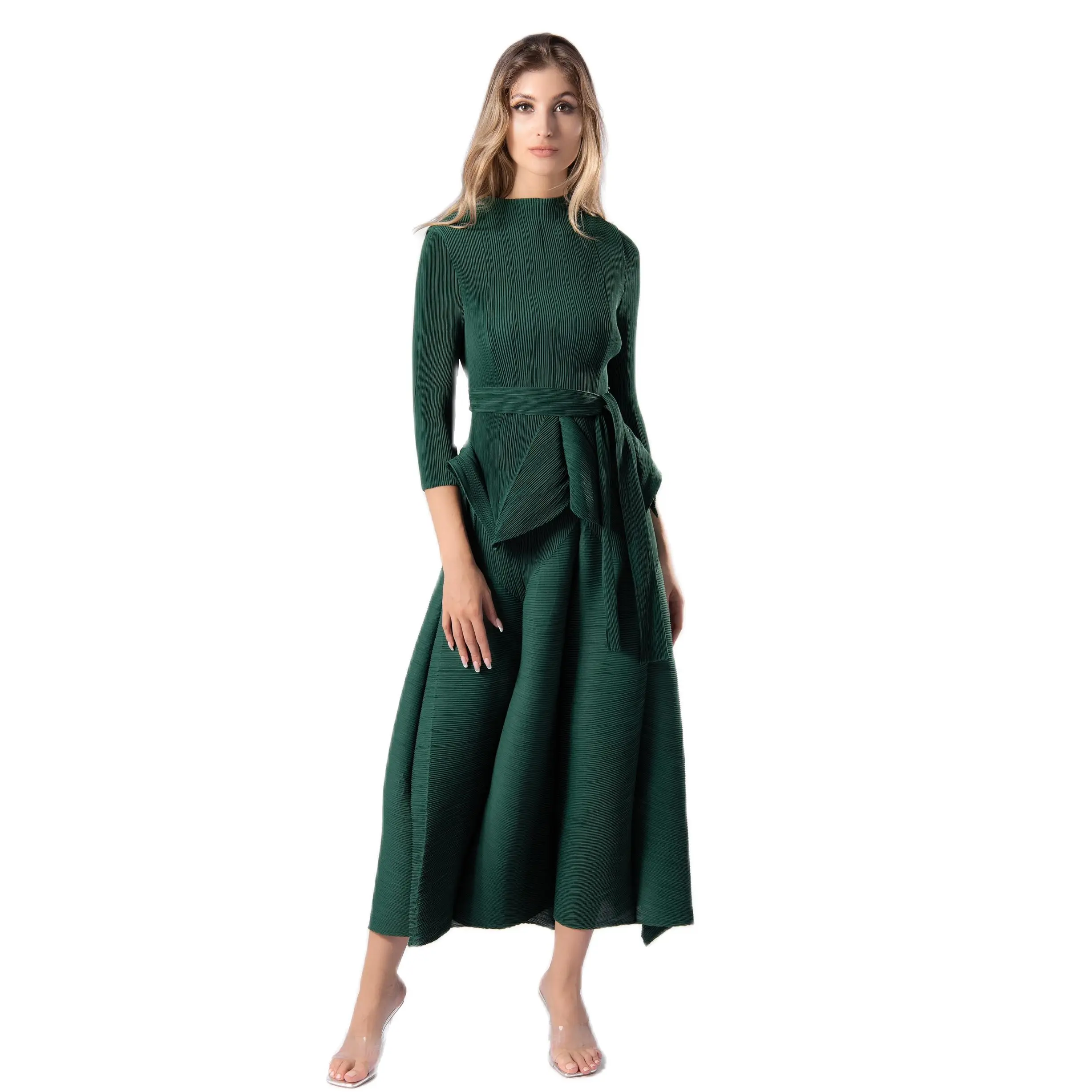 Miyake 2-Piece Green Long Sleeve Pleated Dress for Women Belt Set Casual New 2024 Elegant Dress Sets For Women Plus Size Black