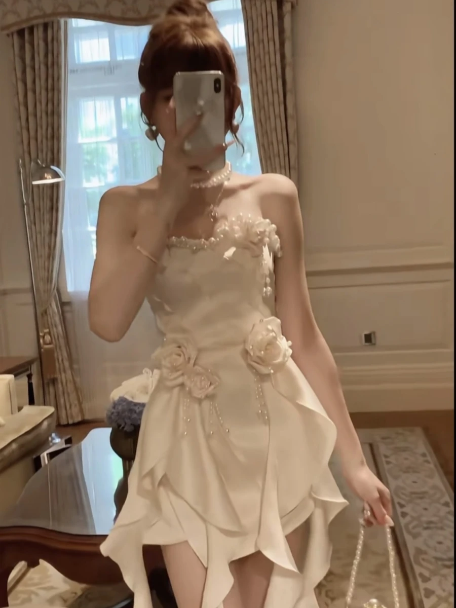 Bernier Champagne Luxury Heavy Work Birthday  Dress Tea Break Ballet Style Sweet Princess White Dress Short Sleeve Women'...