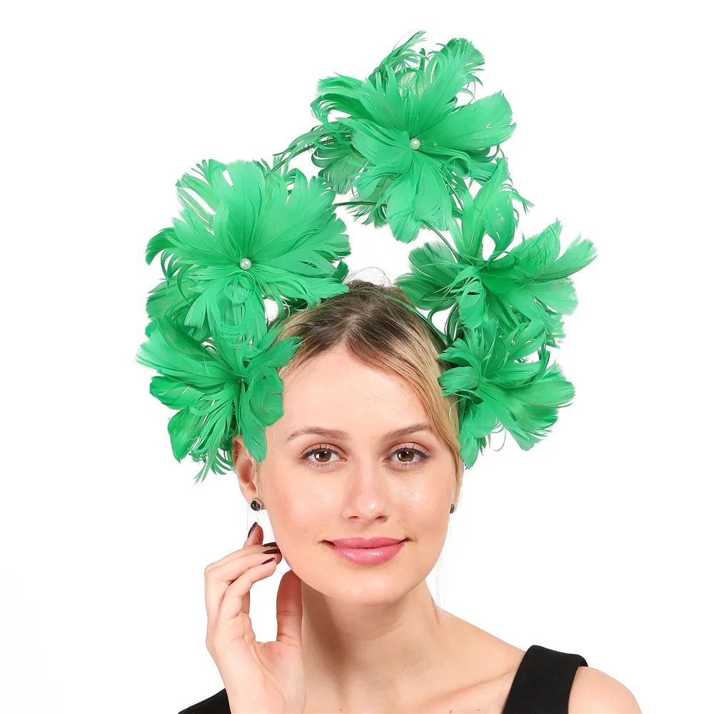 Feather Flower Headdress Vintage Horse Will Exaggerate Small Top Hat Green Hair Hoop Imitation Pearl Hair Headpieces Millinery