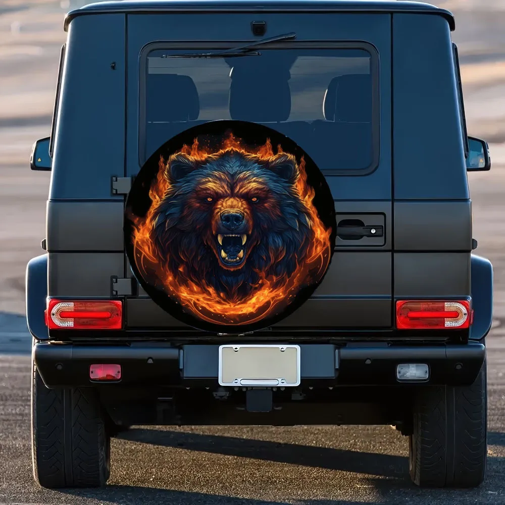 Flame Roaring Bear Head Pattern 30/34 Inch Multi-Functional Spare Tire Cover, Suitable For Jeeps, Trailers, RVs, Off-Road Vehicl