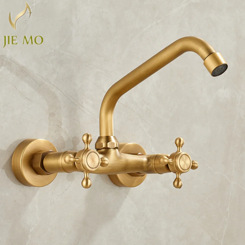 Bronze wall mounted  hot cold water copper antique can be rotated retro wall hanging faucet