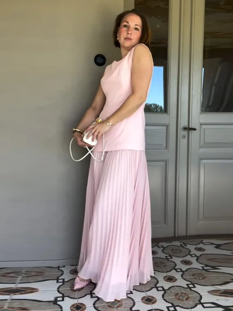 

Женские элегантные однотонные плиссированные юбки, женский комплект из двух предметов, сексуальный топ без рукавов с разрезом на шее, летние полые тонкие костюмы