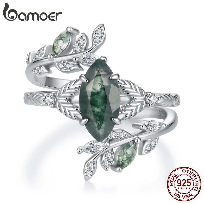 BAMOER Natural Moss Agate Leaf Ring 925 Sterling Silver Stackable Plants Rings Set for Women Party Fine Jewelry Gift
