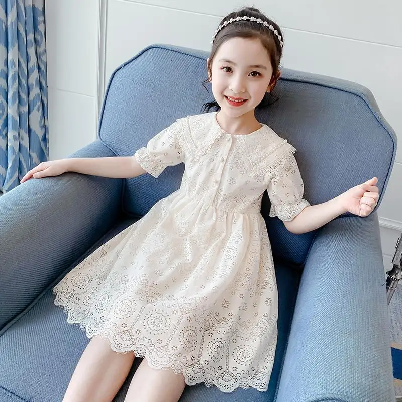 New 2023 Summer Child Dress Girls Party Princess Dresses Student Elegant Kids Turn-down Collar Clothes 2 4 6 8 10 12  Years Old