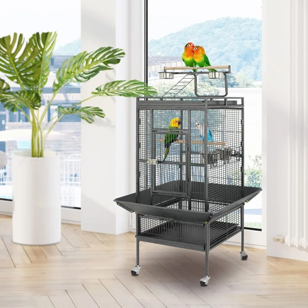 Large Birdcage with Rolling Bracket, Wrought Iron, Black, 2 in 1, 61 in