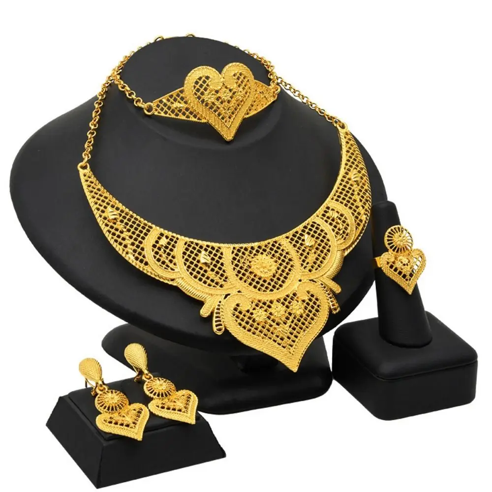 

4PCS Gold Plated Indian Bridal Jewelry Sets Luxury Necklace/Earrings/Bracelet/Ring Women Necklace Set High Quality Durable