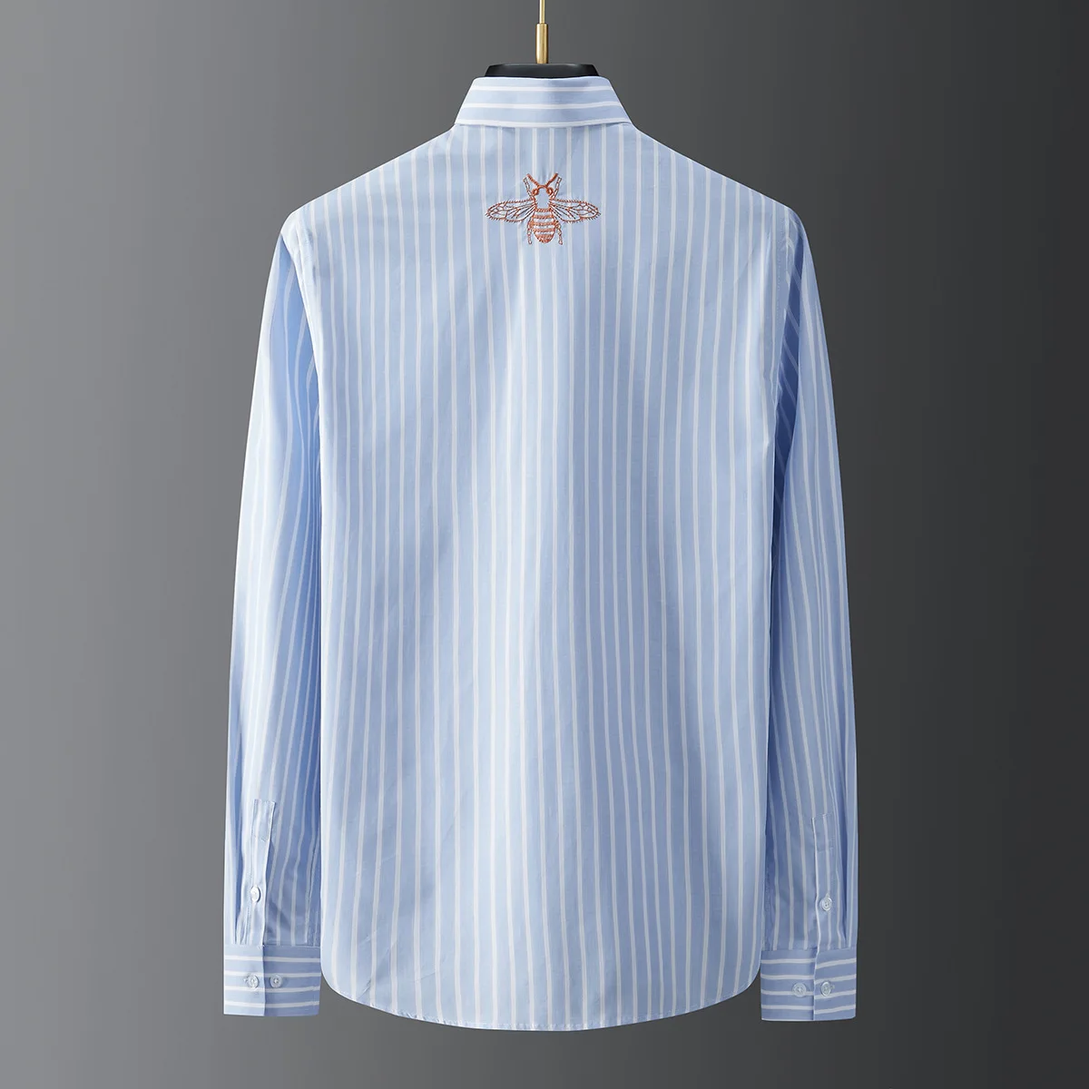 Trendy brand spring and autumn blue and white striped embroidered slim fit long sleeved men's high-end business casual shirt