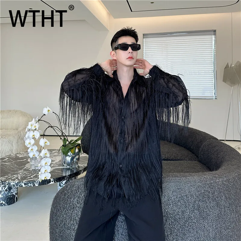 

WTHT модные осенние мужские однотонные свободные рубашки с кисточками, модные однобортные топы с длинными рукавами, мужские 2A1413