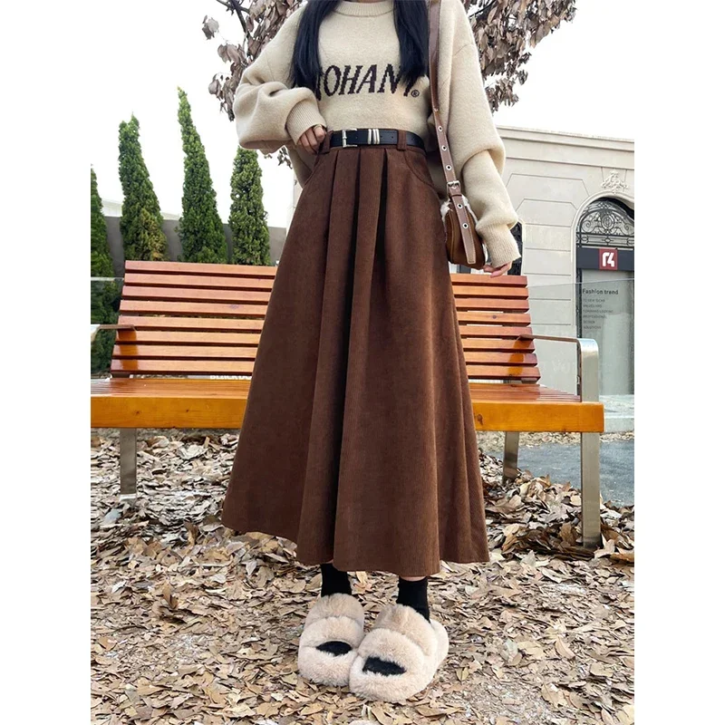 Vintage Belt Corduroy Midi Skirts Women Streetwear Black High Waist Pleated Skirt Winter Ladies Korean All Match A Line Faldas