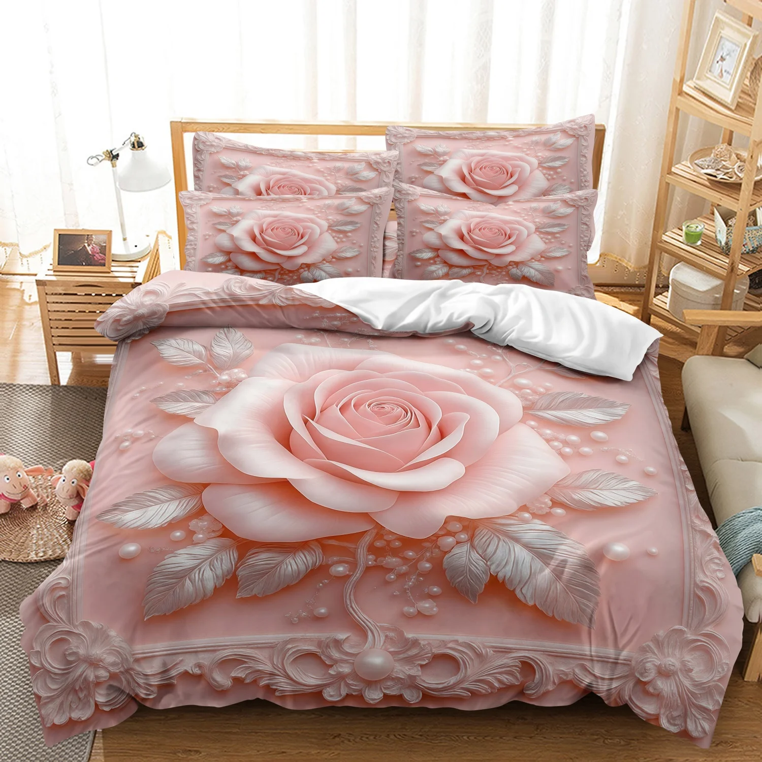 3 Pieces Pink Pearl Rose Duvet Cover Set, Vintage Romantic Floral Printed Bedding, For Bedroom Home Decoration