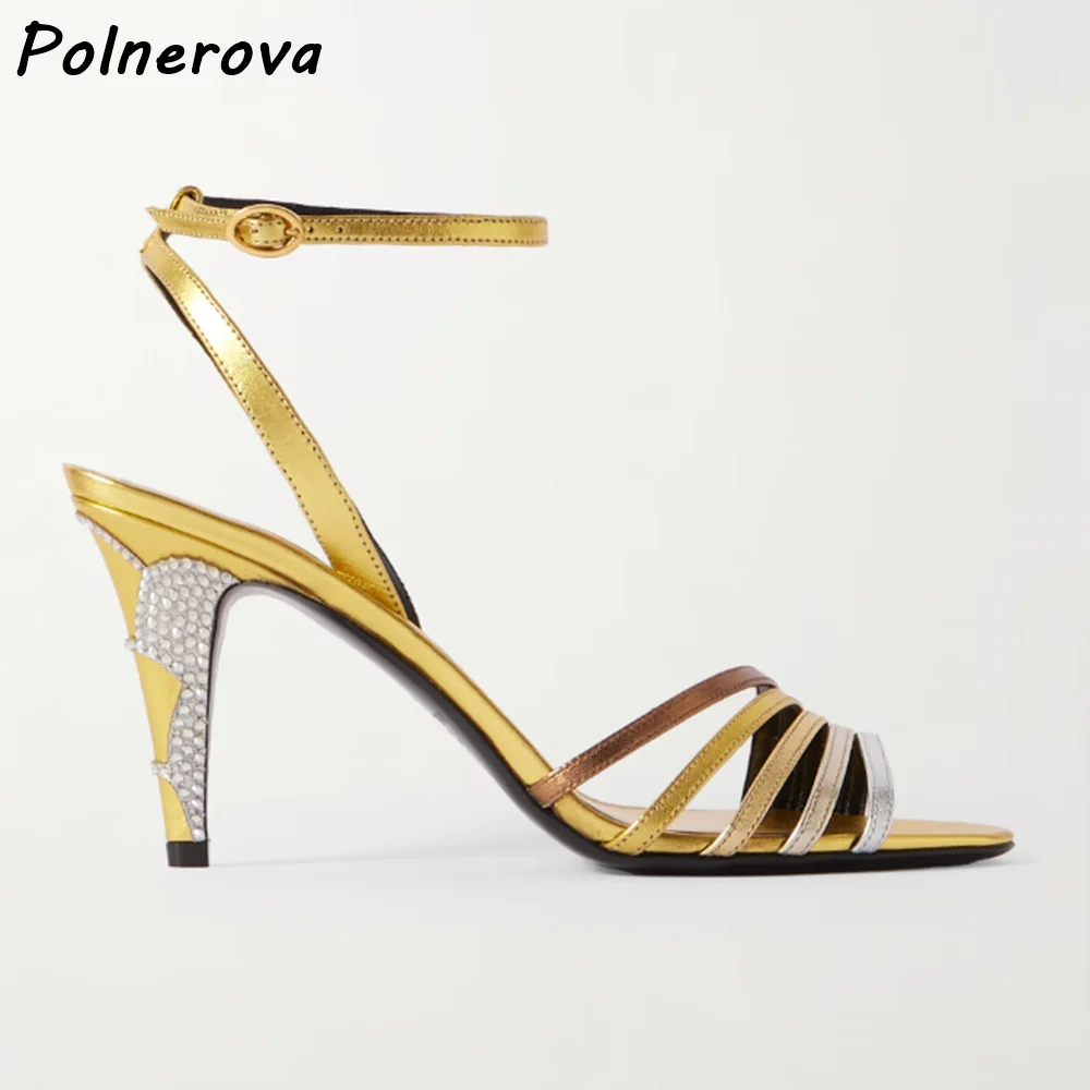 Gold Silvery Rhinestone Heels Sandals Straight Strap Narrow Band Round Toe Crystal Bling Shoes Summer Fashion Mixed Color Shoes view 2