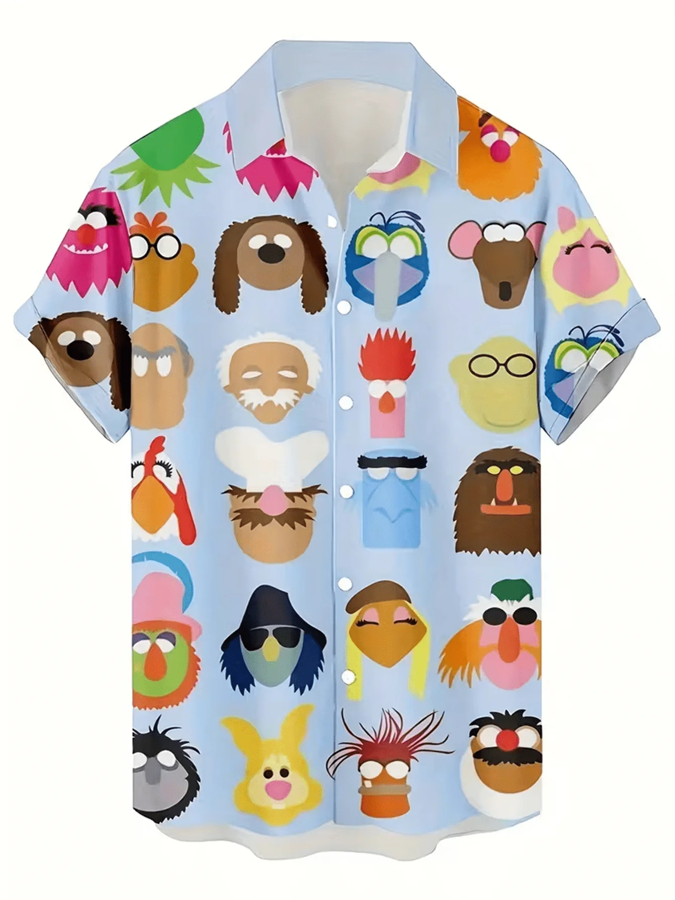 Men Light Blue Muppet Cartoon Character Face Print Short Sleeve Turn-down Collar Shirt Summer Casual Button Down Streetwear Top