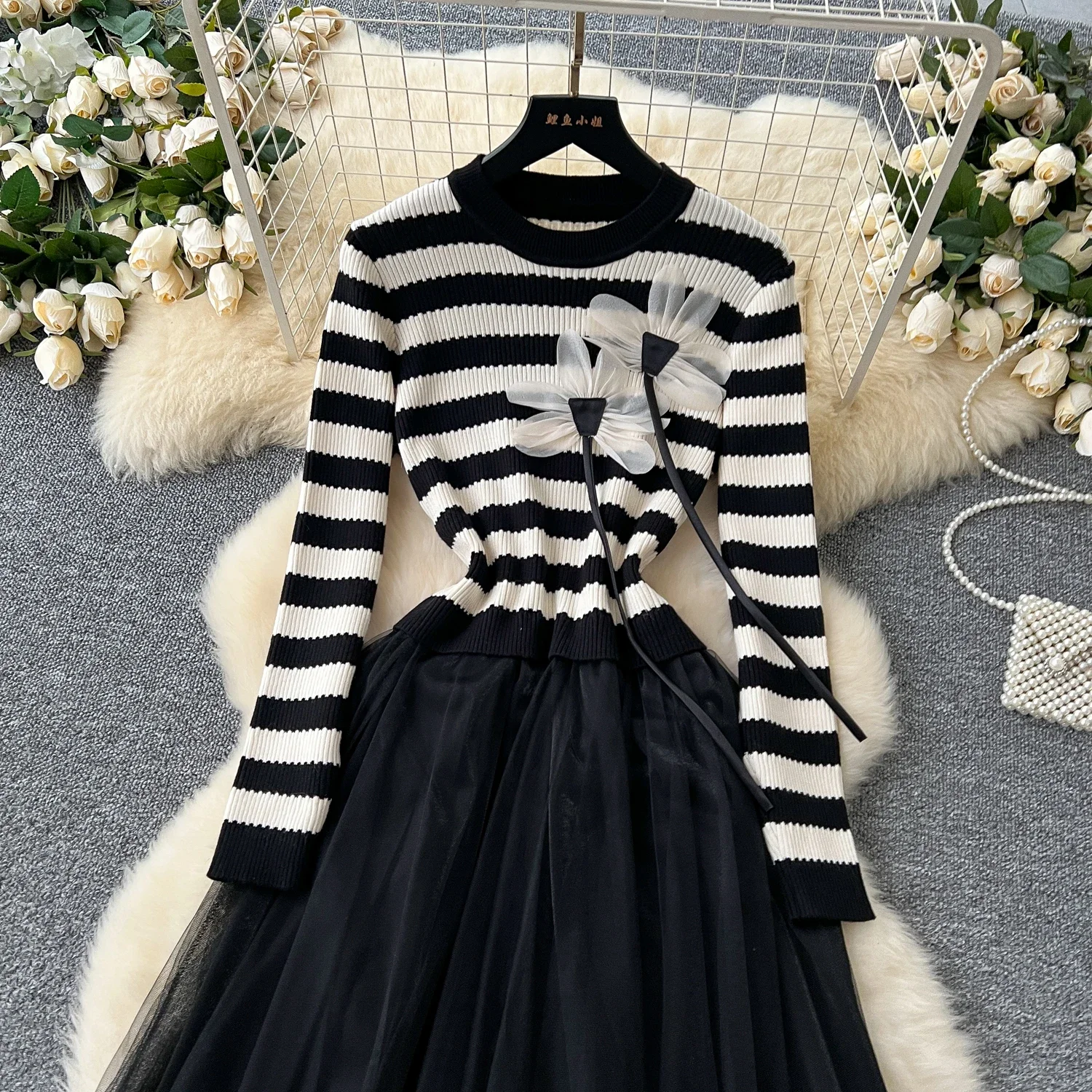 Women Chic Elegant Stripe Knit Patchwork Mesh O Neck Long Sleeve Bodycon Dress Sexy Fashion Elastic Slim A-line Dress