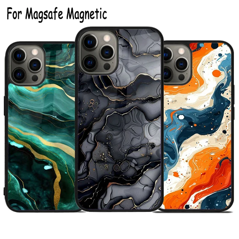 Abstract Art Marble print Wireless Charge Magsafe Phone Case For iPhone 15 16 14 13 11 12 Pro Max Plus Magnetic Bumper Cover