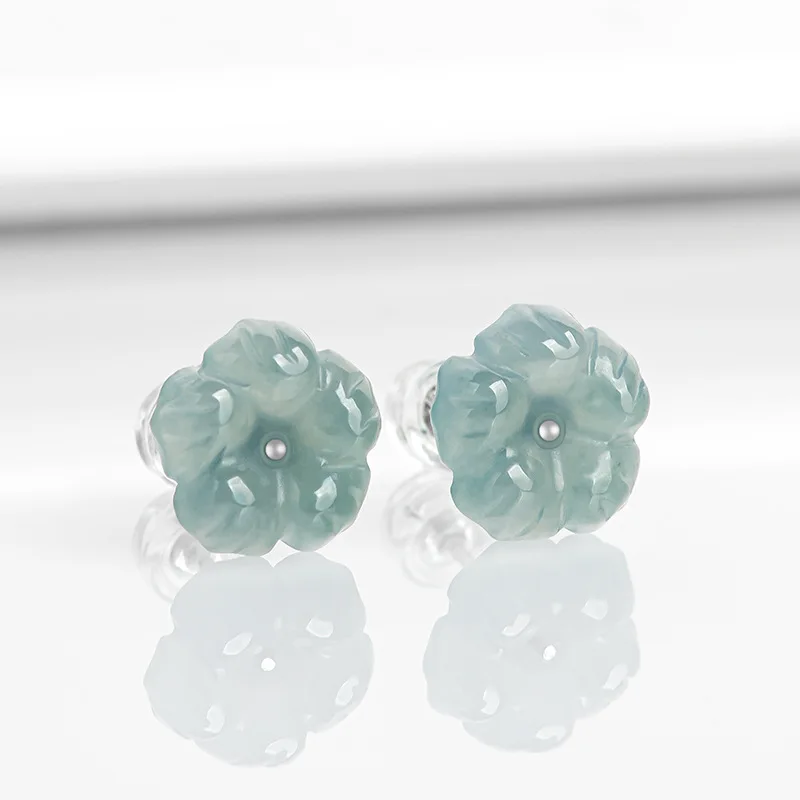

Original Natural A-Goods Jadeite Blue Water Peach Blossom Earrings Ice Crystal Jade Petals S925 Silver Inlaid Ancient Style Wome