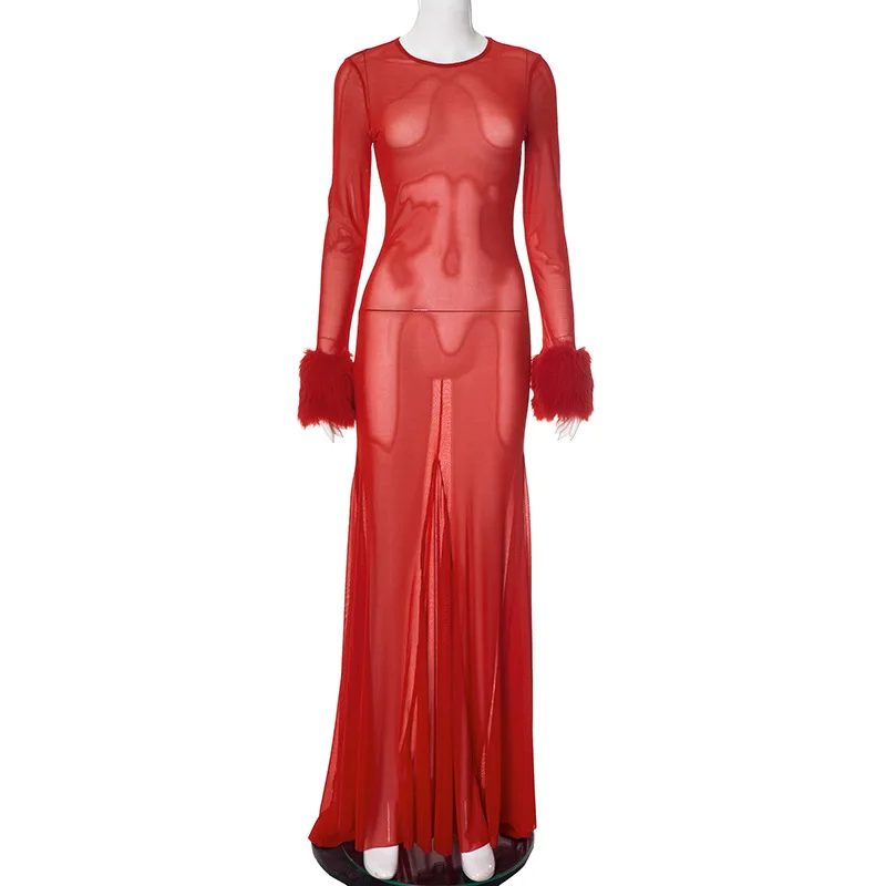Nepbont patchwork mesh pure rode maxi-jurk dames 2025, lente sexy o-hals volledige mouw ruches lang gewaad club party outfits