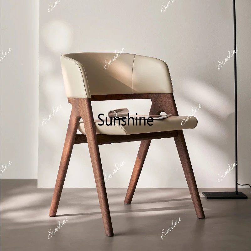 Solid wood leather chair ash wood home backrest book desk chair simple dining chair