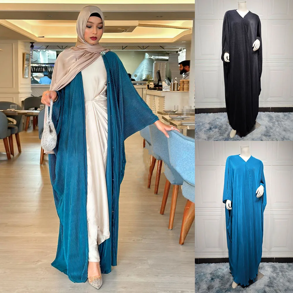 

Fashion Solid Batwing Sleeve Elegant Muslim Kaftan Abaya Loose Maxi Moroccan Women Clothing Pleated Islamic Open Kimono Ramadan