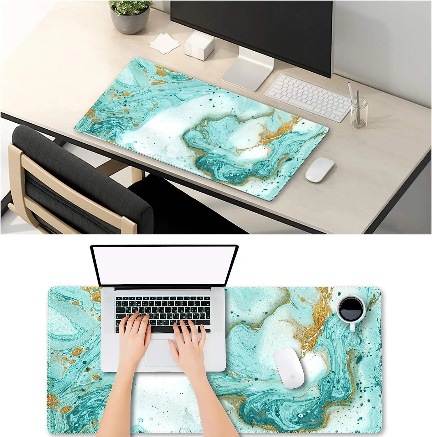 Extended Gaming Mouse Pad XXL  Large Long Mousepad Non Slip Rubber Base Stitched Edges 35.1 x 15.7 in Teal Turqoise Marble