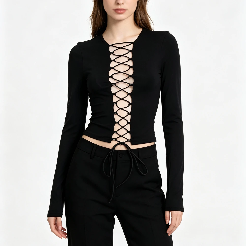 Solid Black Slim Long Sleeve Crop Top Front Hollow Crisscross Lace Up Adjustable Bandage Sexy Women Club Short T Shirt