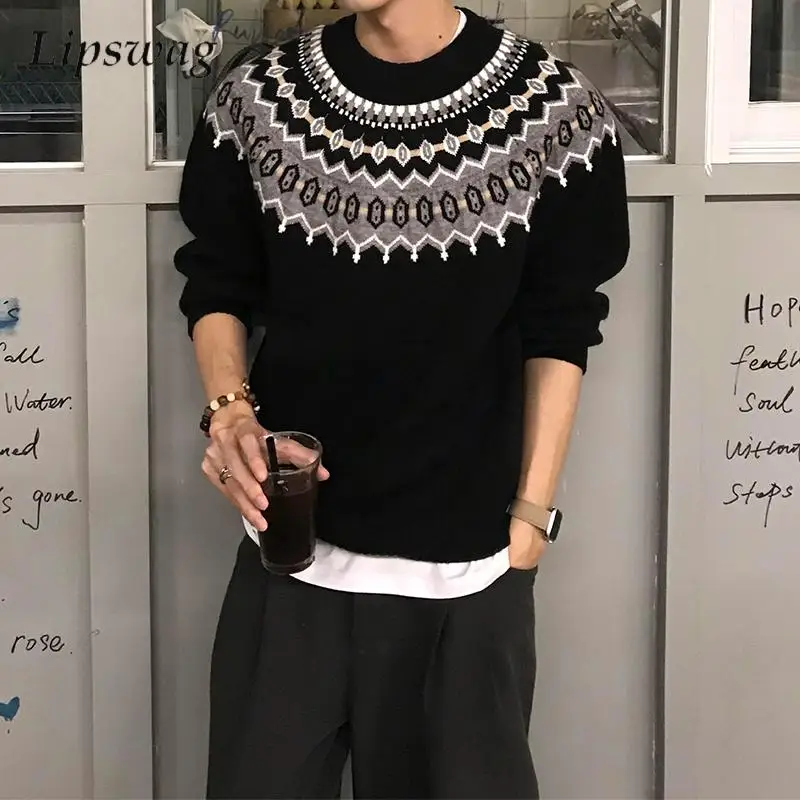 

Vintage Geometric Crochet Sweaters Mens Fall Winter New Casual O Neck Long Sleeve Knit Jumper Tops Men Stylish Slim Fit Sweater