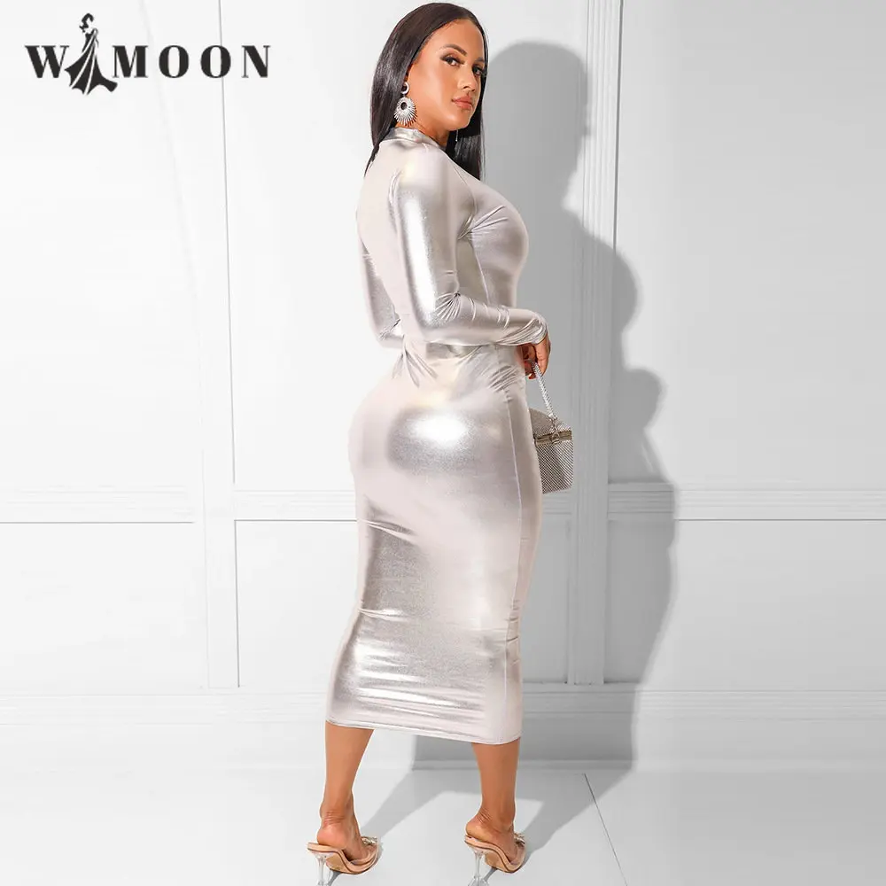 Silver Zipper Reflective Glossy Leather Long Sleeve Party Dress Women 2023 New Y2K High Strecth Bodycon Sexy Club Long Dress