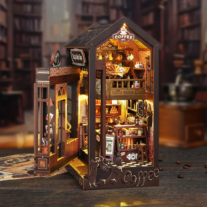 

DIY деревянный книжный уголок, набор вставок для полки, Mgaic, кофейня, наборы миниатюрных моделей, книжная полка со светом, подставка для книг для друзей, подарки
