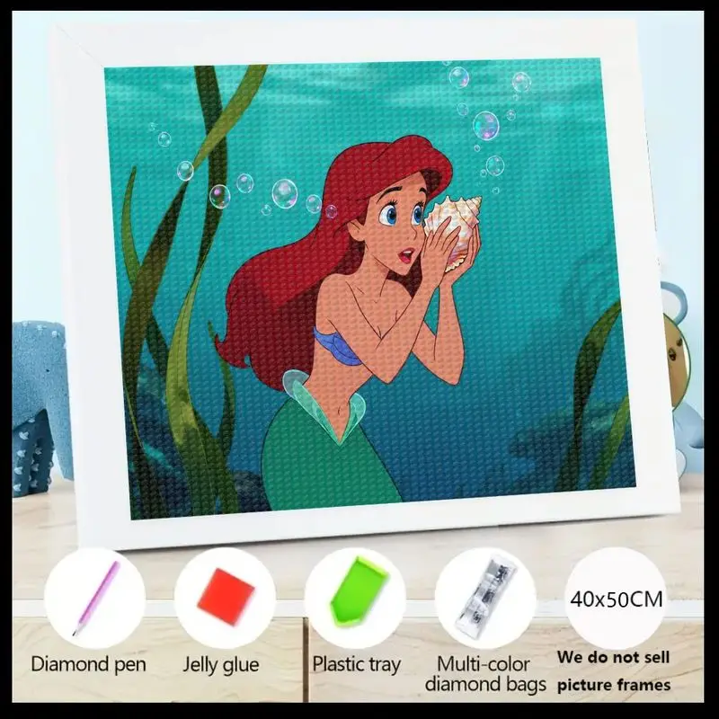 1 unidad de Ariel La Sirenita 5D DIY Kit de pintura de diamante de taladro completo, escena subacuática de princesa de dibujos animados con concha, cristal Rh