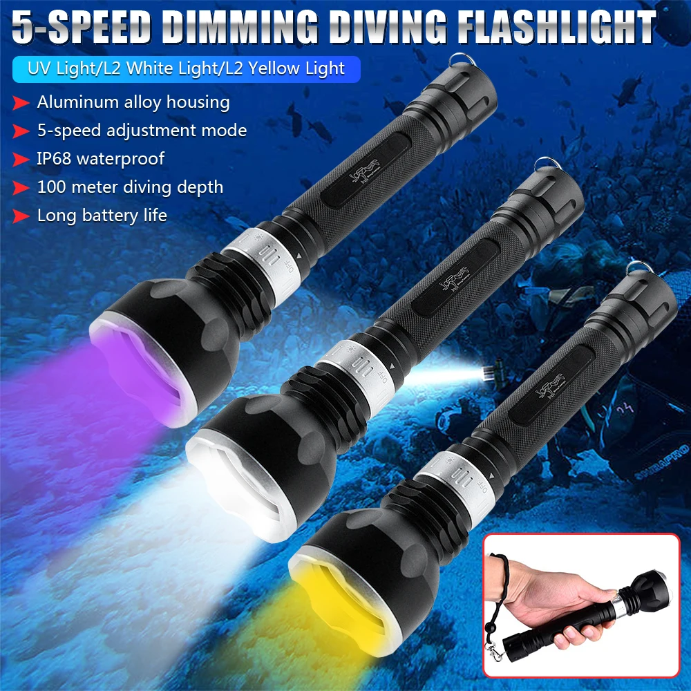 

IP68 Waterproof Diving Flashlight Underwater 100M Scuba Diving Light Purple/Yellow/White Light Torch 5 Modes LED Lamp