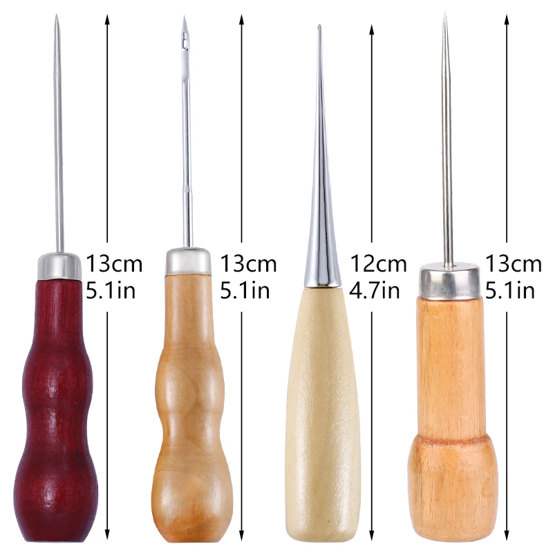 KRABALL 4 PCS Wooden Handle Awls Leather Sewing Awl Stitching Awl for Canvas Shoes Repair Sewing Leather Craft Drillable Tools