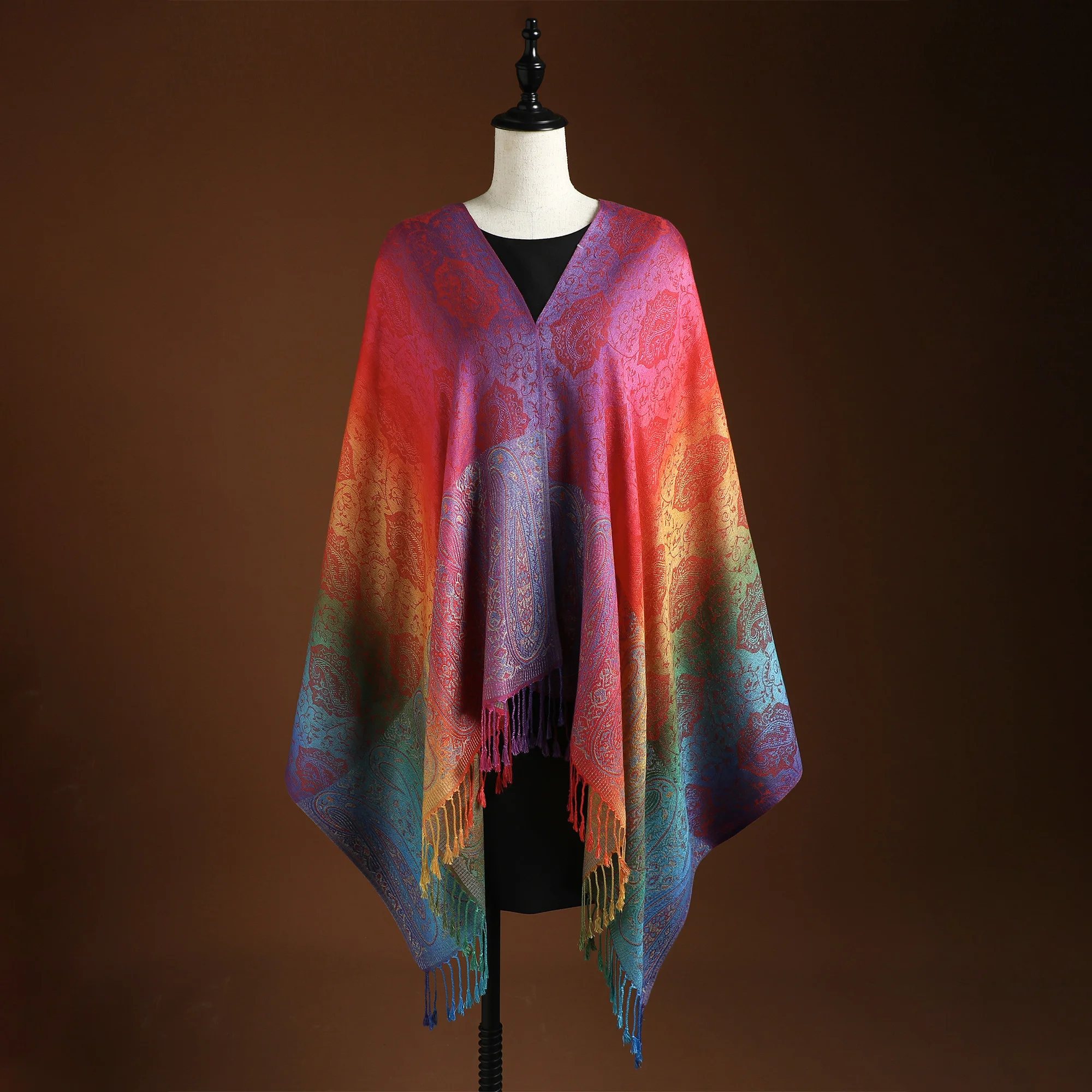 Elegant Jacquard Satin Scarf Boho Rainbow Color Tassel Shawl Trendy Windproof Warm Wrap Large Scarves For Women Mardi Gras