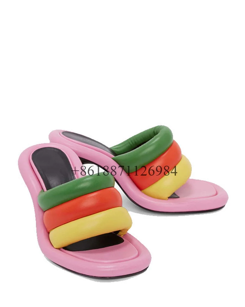 

2024 New Rainbow Colors Peep Toe Outdoor Summer Women Slippers Stiletto High Heels Slip On Design Large Size Soft Surface Shoes