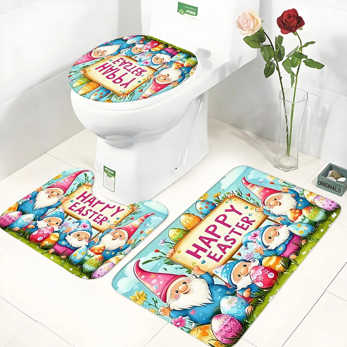 

Набор из трех нескользящих ковриков для ванной комнаты с пасхальными гномами, влаговпитывающие быстросохнущие коврики для ног, декоративные напольные коврики в праздничном стиле, весенний декор для дома