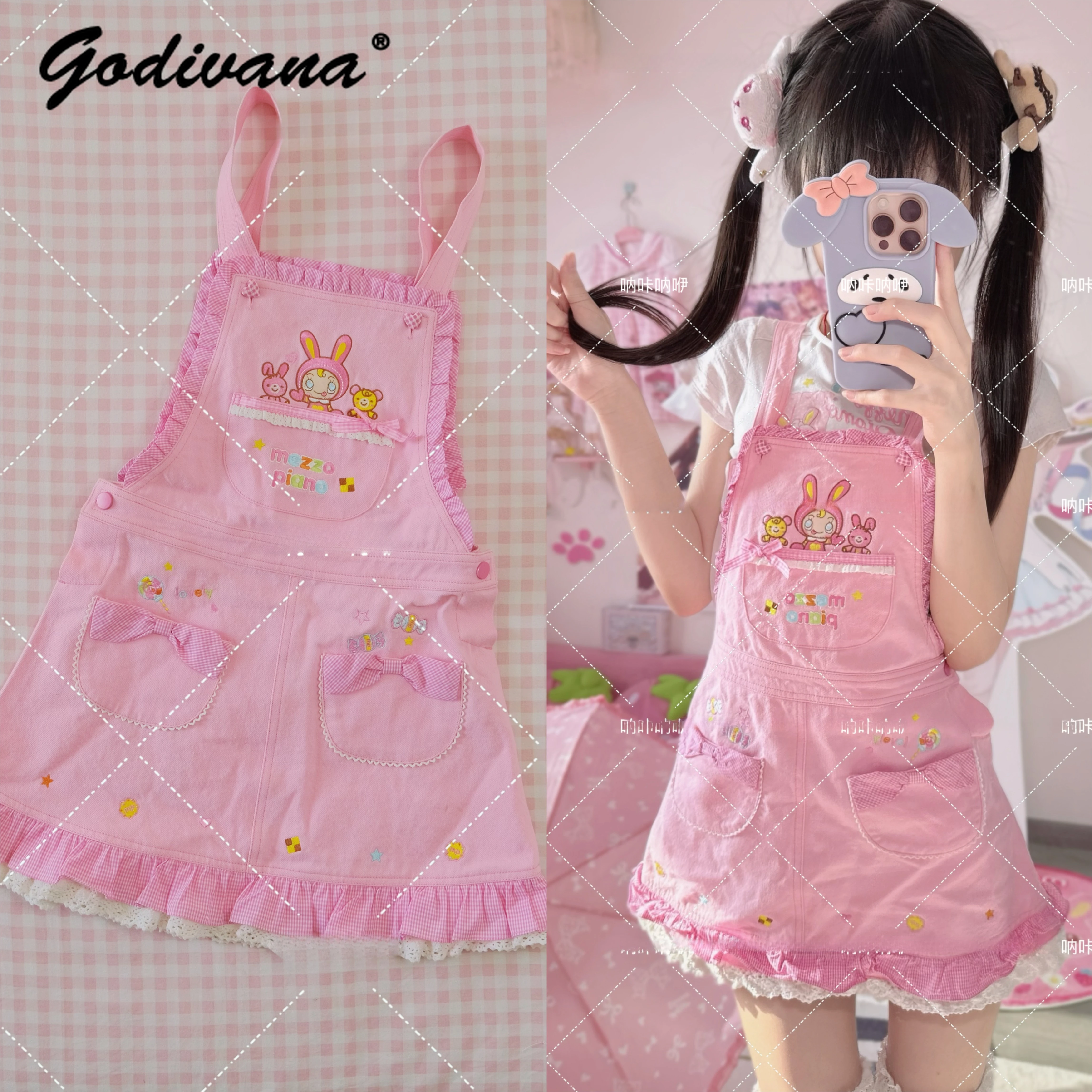 

Японское милое женское платье на бретельках с мультяшной вышивкой, розовое, весенне-летнее, мини-платье для девочек