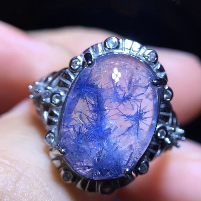 

Natural Blue Rutilated Dumortierite Quartz Adjustable Ring 13/9.3mm Woman Men Ring Jewelry AAAAAAA