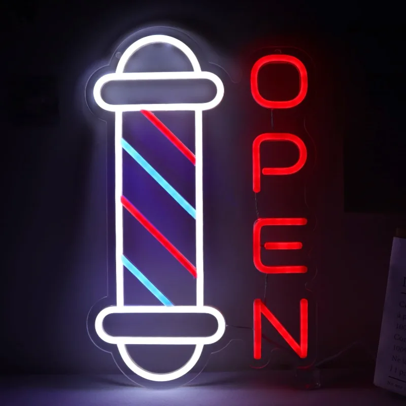 Open Neonlichten Voor Slaapkamer Led Kapperszaken Kapsalon Kunst Uniek Cadeau Voor Kapper 10.2*16.1 Inch (Rood + Blauw + Wit)