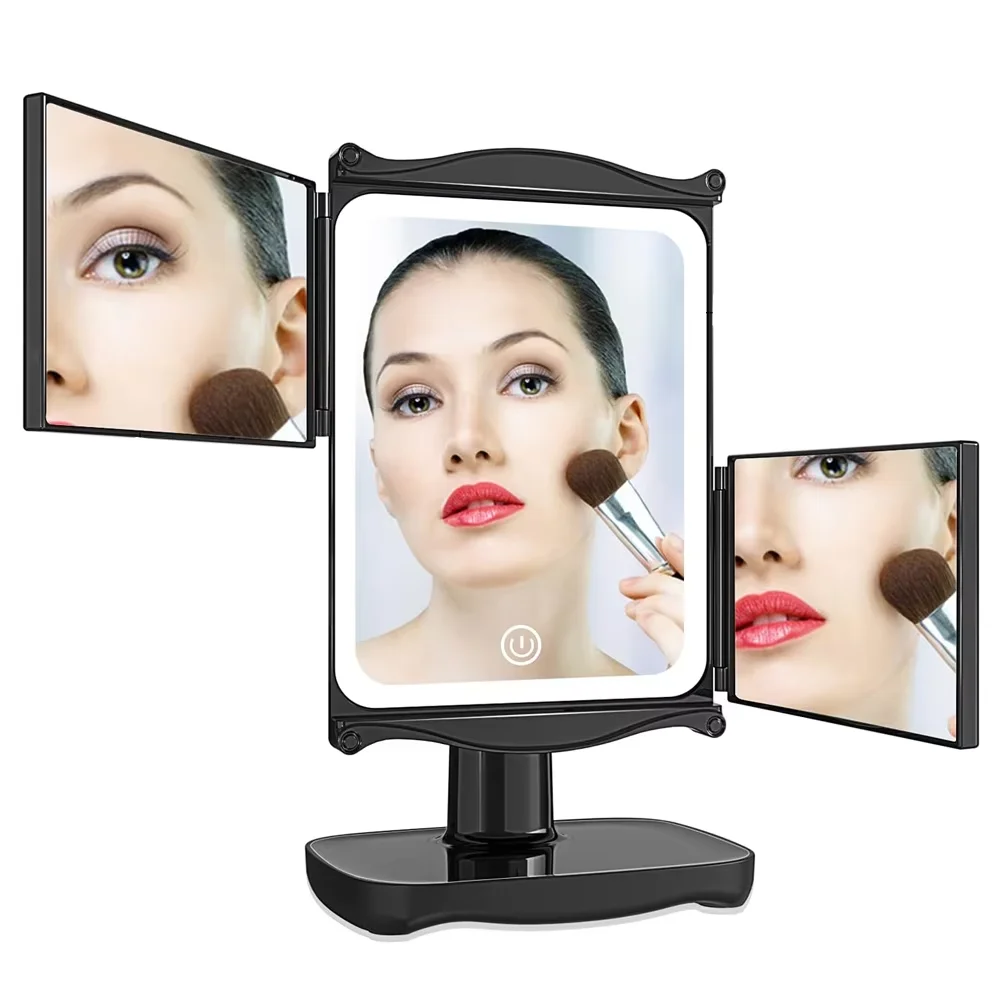 Miroir de maquillage éclairé avec lumières à intensité variable, miroir cosmétique de vanité LED à trois volets grossissant 3x/2x/1x, commande tactile 90 °   Rotation