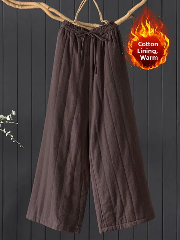 Thiened Cotton Wide Leg Pants Elastic Waist Casual Trousers for Women plus Size Autumn Winter New Sle Outerwear Cotton Pants