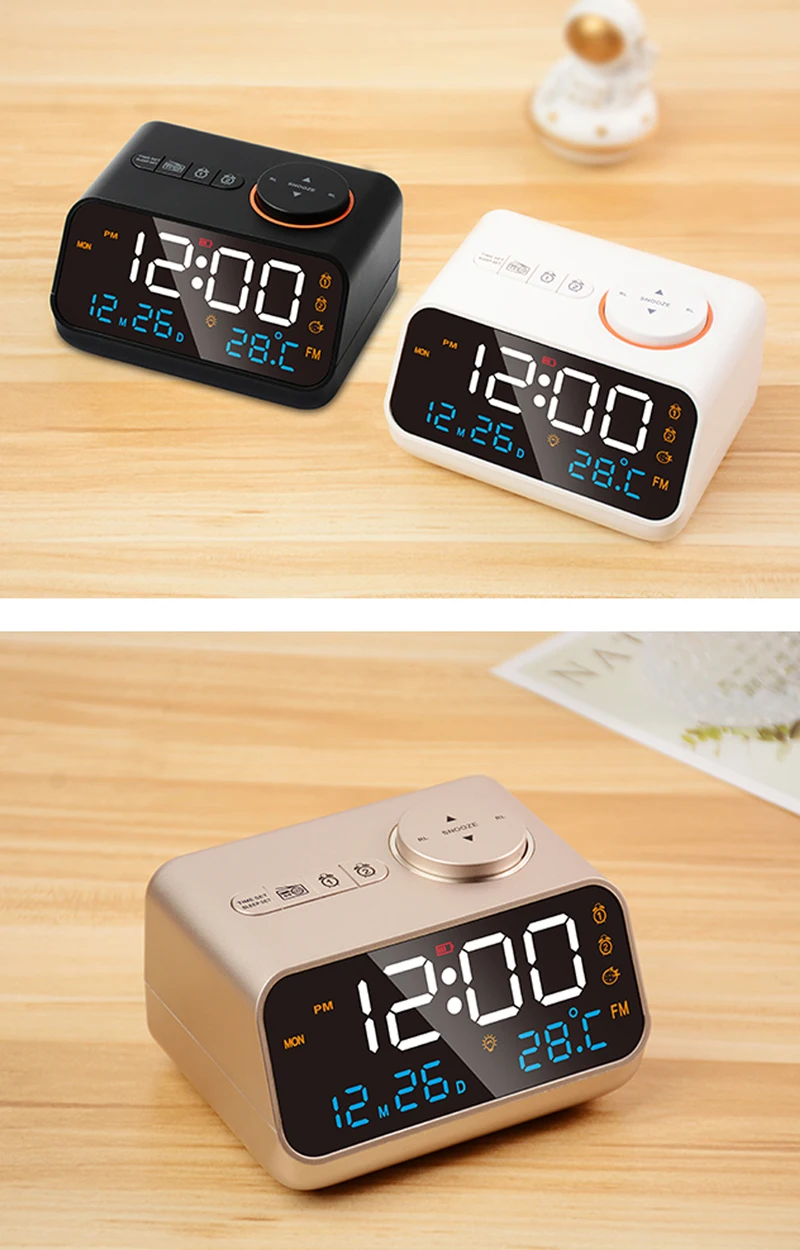 Mordern FM Radio LED Alarm Clock for Bedside Wake Up. Digital Table Calendar with Temperature Thermometer Humidity Hygrometer.