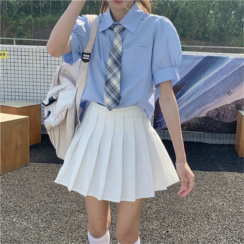 Ensemble chemise et jupe à manches courtes JK pour femmes, haut bleu, manches bouffantes, style collège, uniforme étudiant imbibé, printemps, été, nouveau, 2024