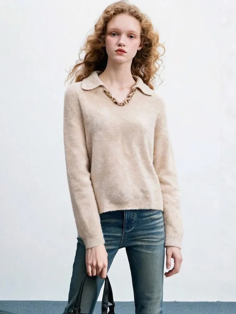 

Вязаный свитер ZhuoZhi Autumn New, с откидным воротником, декорированными манжетами, базовый слой, винтажный, в рубчик, круглый вырез, мягкий полиэстер