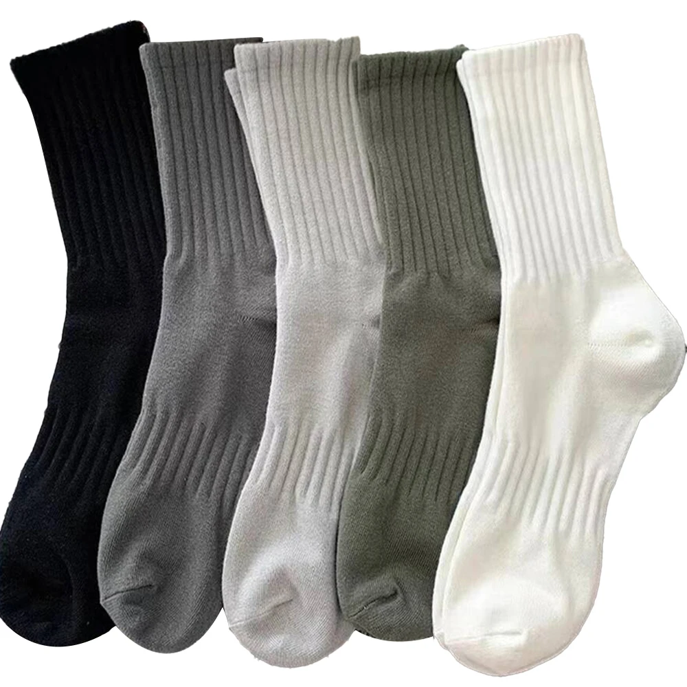 5 Pairs Men Solid Color Vertical Stripe Mid Tube Socks Trendy Versatile Round Neck Sock Breathable Sweat Absorbing Casual Socks